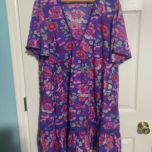 Rusty Dusty Floral V-Neck Midi Dress in Purple and Pink 1XL